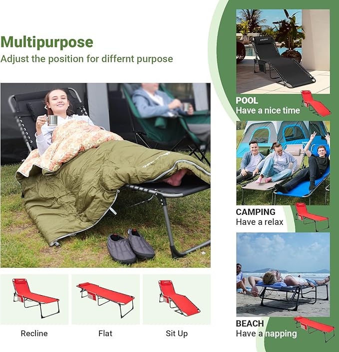 #WEJOY Outdoor Folding Chaise Lounge Chair for Outside, Patio, Beach, Poolside, Sunbathing, Adjustable 5-Position Reclining Chairs, Heavy Duty Camping Cot with Shoulder Strap and Pillow, Red
