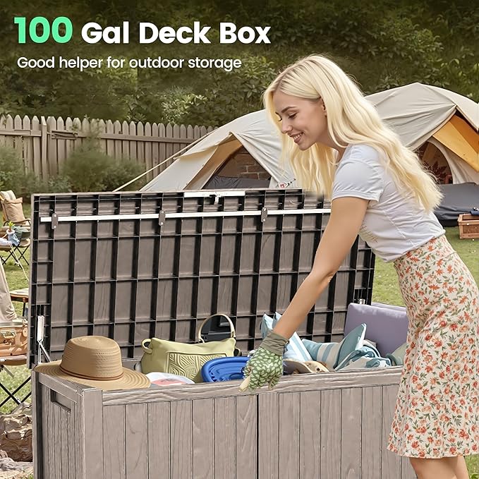120 Outdoor Storage Box, Waterproof Resin Deck Box for Indoor & Outdoor Use, Lockable Storage Bench with Piston Hinge, Storage Bin for Patio Cushions, Garden Tools, Package Delivery, Grey