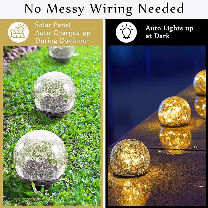 Honoson 4.7 Inch Solar Globe Lights Outdoor Waterproof, Solar Balls for Garden Cracked Glass Ball, Ground Landscape Garden Decor for Patio and Yard Lawn Backyard (4 Pieces)