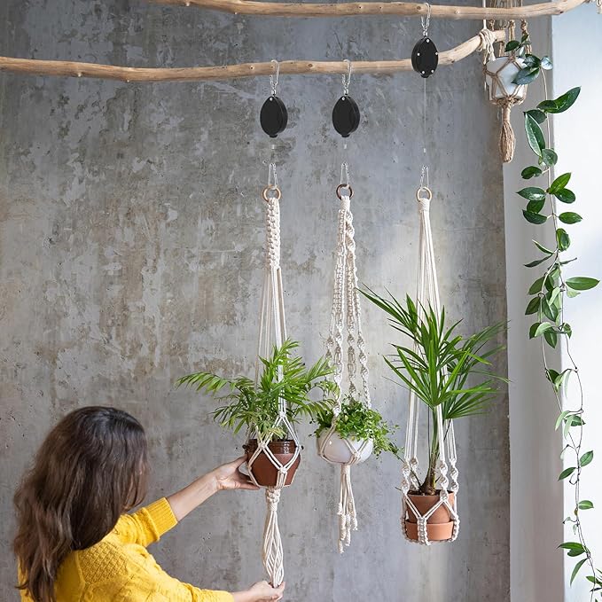 Plant Pulleys for Hanging Plants, Heavy Duty Retractable Hangers, 304 Stainless Steel Rope, Auto Plant Holder, Adjustable Climbing Hook for Garden Baskets Watering, or Bird Feeders (Black-6)