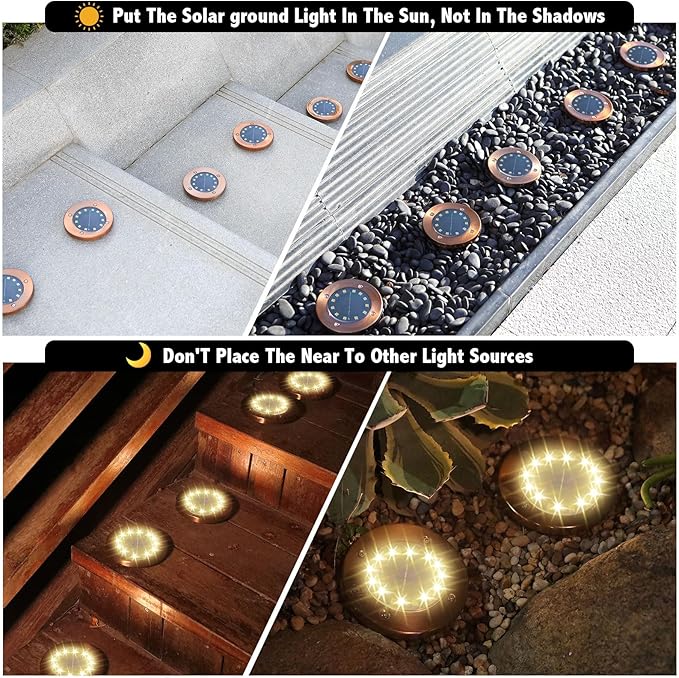 Solar Ground Lights Outdoor Waterproof Flat Garden Solar Disk Lights Outdoor Floor Lights 12 LED 4 Pack for Garden Patio Pathway Landscape Driveway Yard Path Decor