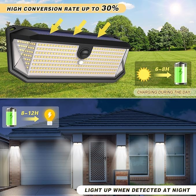 Solar Lights Outdoor, 4000LM 380 LEDs Solar Motion Lights Outdoor Waterproof, 3 Modes 270° Wide Angle Security Light for Stairways/Front Door/Garage/Deck（4 Pack）