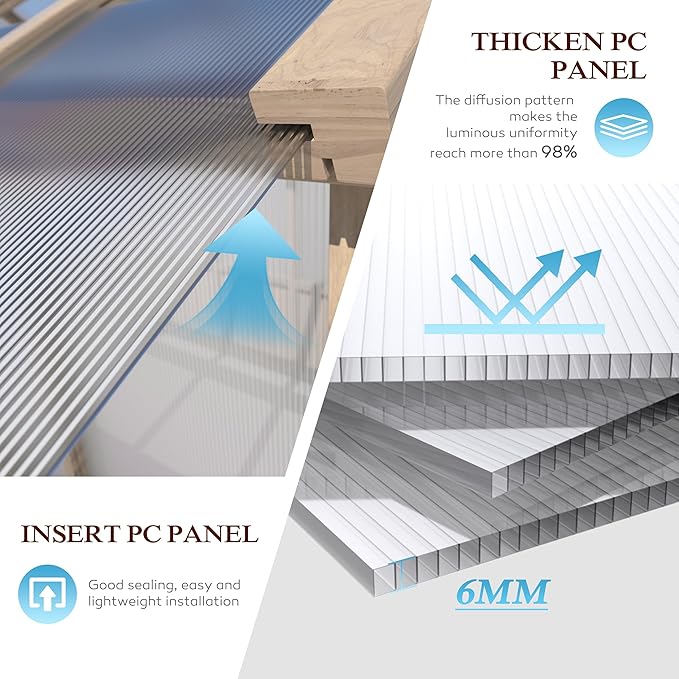 8x14 FT Outdoor Greenhouse Kit, 6MM Thick Polycarbonate Panel Wooden Walk-in Green House with Adjustable Roof Vents & Roof Vents, Backyard Garden, Light Mocha Brown