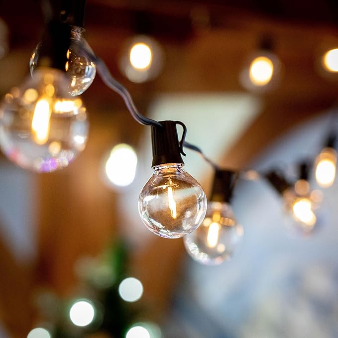 Novelty Lights 50 Feet G40 LED Patio String Lights with 50 Bulbs, Warm White, Weather Resistant and Shatterproof Replaceable Plastic Globe Bulbs, Brown Wire