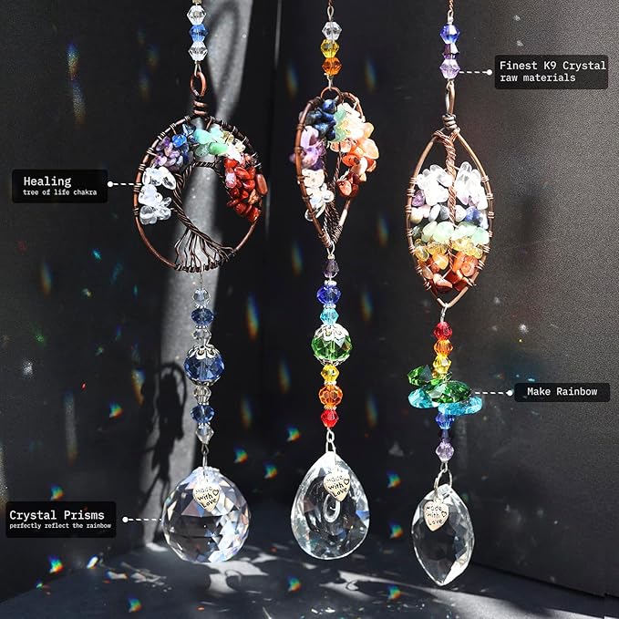 3pcs Crystal Suncatchers for Windows Hanging Tree of Life Sun Catchers Decor with Prisms for Home Indoor Outdoor Car Making Rainbows