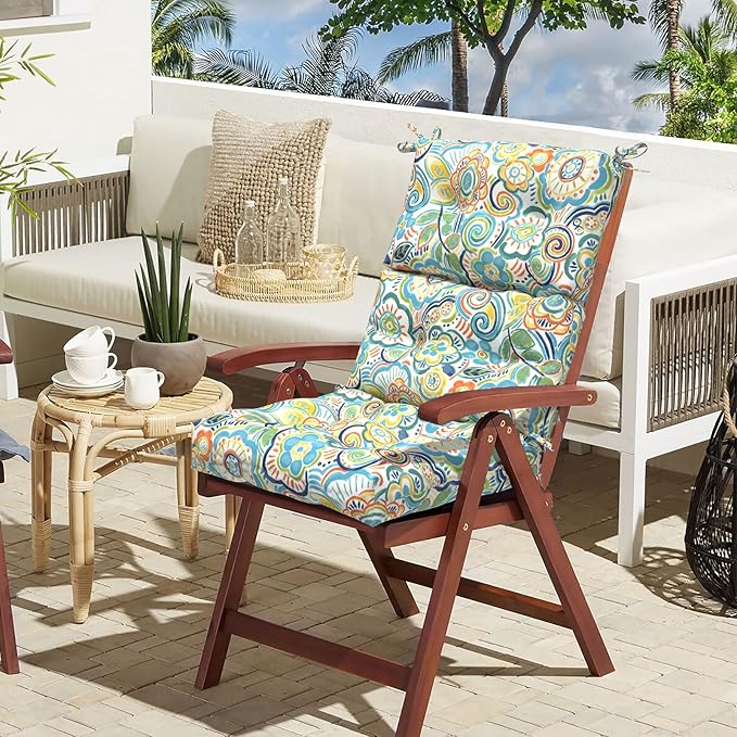 LVTXIII Outdoor Seat/Back Chair Cushion Patio Tufted High Back Cushion, Seasonal Replacement Rocking Chair Cushion with Ties (22” W x 20D”, Set of 2, Flower Blue)