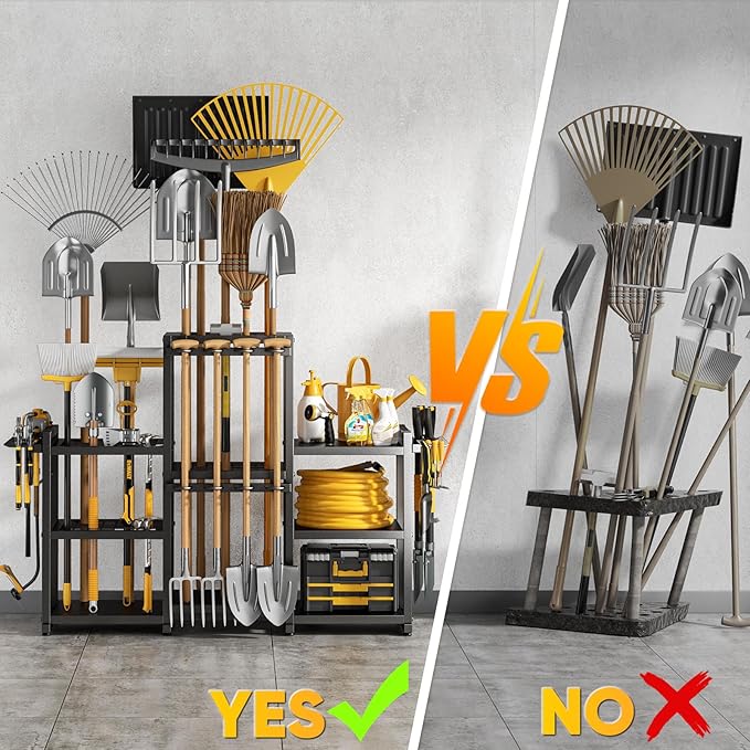 42" H Large Garden Tool Organizer, Holds Up to 86 Tools, Heavy Duty Yard Tool Organizer for Garage, 61“ Wide Lawn Freestanding Tool Storage Rack for Outdoor Shed Tool Rake, Shovel, Brooms