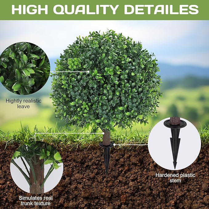Artificial Boxwood Topiary Ball Tree 24" with Ground Spike, Set of 2 Artificial Boxwood Bushes for Faux Shrubs, Fake Evergreen Faux Plant for Indoor Outdoor Porch Garden- UV Resistant – Fade-Proof