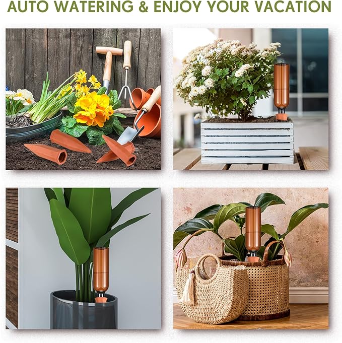 Baderke 16 Pcs 8 Set Plant Watering Devices, Terracotta Watering Spikes with 25 oz Plastic Wine Bottles, Slow Release Vacation Insert Automatic Plant Waterer Device for Indoor Outdoor