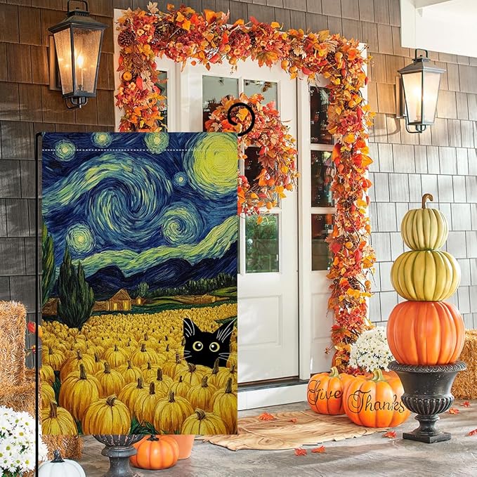 BLKWHT Fall Pumpkin Cat Garden Flag 12x18 Vertical Double Sided Blue Sky Autumn Thanksgiving Holiday Outside Decorations Burlap Yard Flag BW825