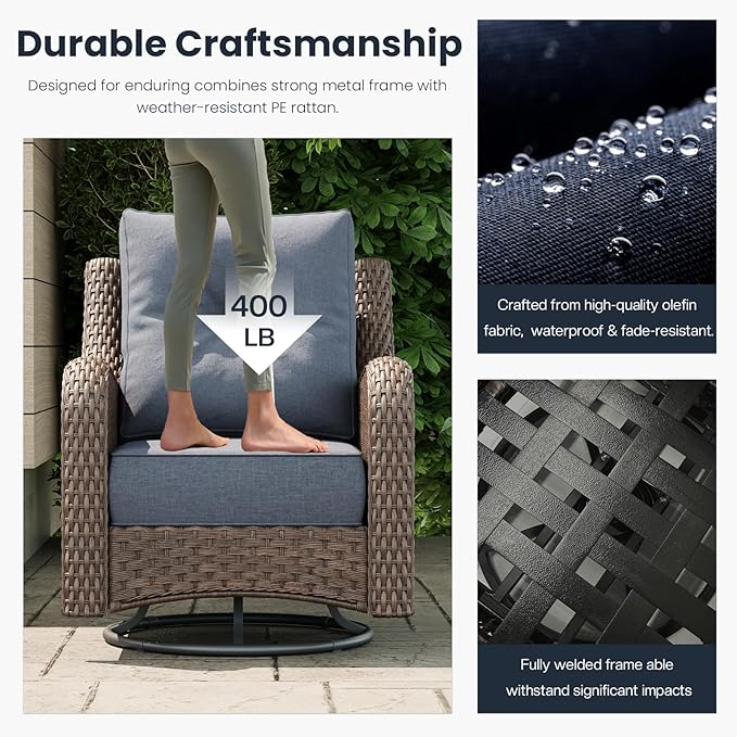 9 Pieces Outdoor Patio Furniture Sets with Rocking Swivel Chairs with 6-inch Thick Cushion and Side Table for Deck Lawn