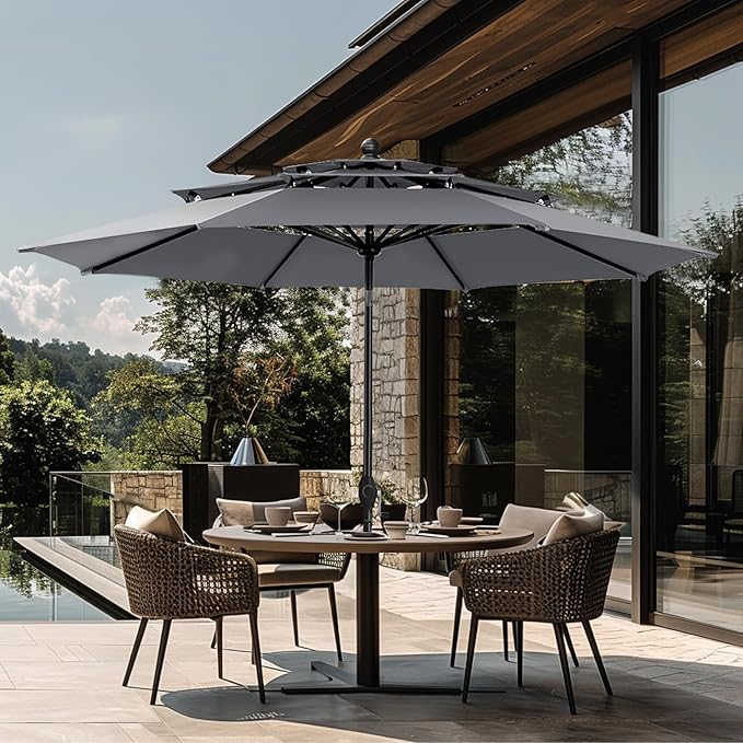 GREEN PARTY 10ft Outdoor Patio Umbrella, Auto-Tilt Market Table Umbrellas with Crank, 8 Sturdy Ribs & 1.5" Pole UV Protection for Garden Deck Backyard Pool