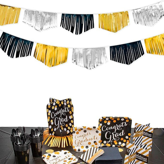 Black Silver Gold Tassel Banner Double Sided Metallic Fabric Pennant Bunting Flag Garland for Graduation Birthday Anniversary Bachelorette Engagement Wedding Bridal Shower Party Decorations Supplies