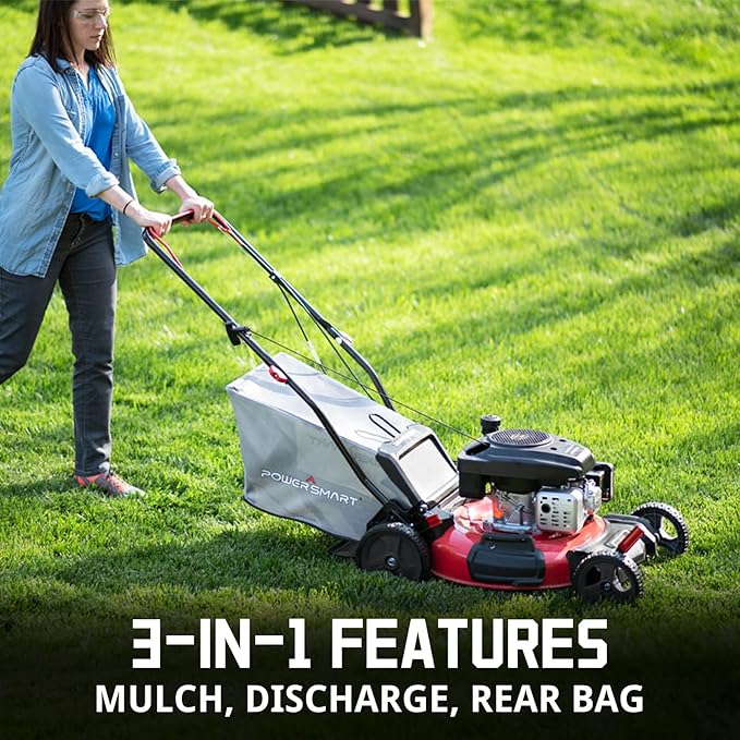 PowerSmart Lawn Mower Gas Powered, 21-Inch 144cc Engine 3-in-1 Walk-Behind Push Lawn Mower, Oil Included