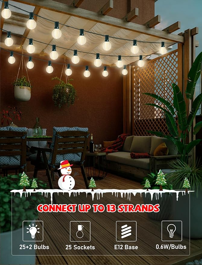 25ft Outdoor Christmas LED String Lights,G40 Frosted White Globe Lights with 27pcs Plastic Bulbs,Round Bulb Christmas Lights for Indoor/Outdoor Wedding Backyard Cafe Garden Christmas Decor