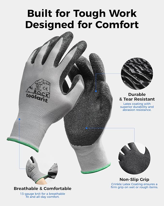 toolant Crinkle Latex Work Gloves Bulk, Rubber Coated Safety Work Gloves for Men and Women, 12 Pairs for Construction, Gardening, Warehouse (Gray, XXL)