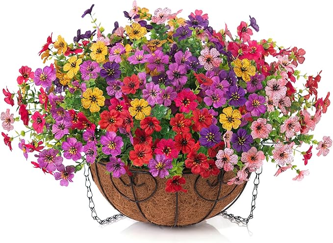 Artificial Fake Hanging Plants Flowers with Basket Outdoor Decor Faux Silk Dasiy Flower Arrangements in Pot Planter for Porch Home Indoor Patio Garden Yard Decoration