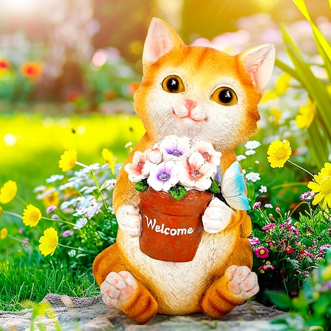 GIGALUMI Solar Garden Decor Flower Pot Cat Statues Outdoor, Birthday Gifts for Women, Gifts for Mom Grandma Senior Elder, Cat Ornament for Balcony, Garden, Patio, Yard, Lawn
