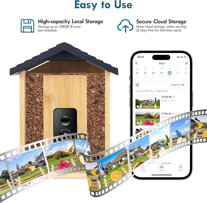 Bird Feeder, 5MP Solar-Powered Smart Bird Feeder with Camera, AI Identifies Birds 10000+, 2.4GHz, Color Night Vision, Instant Notification, Easy to Use, 1.5L Birds Feeders for Outdoor, Yard