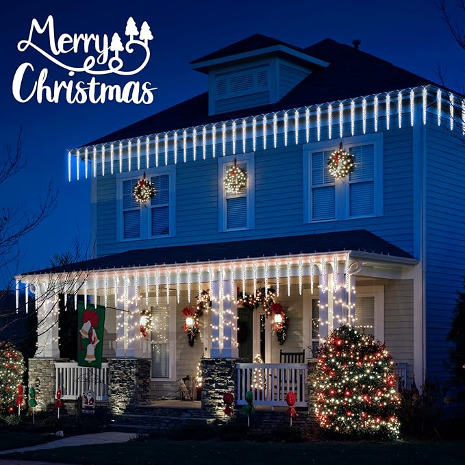 Christmas Meteor Shower Lights Outdoor, 30 Ft With 20 Large Tube 480 LED Dropping Effect, Waterproof Icicle Indoor for Tree Patio Roof Holiday Decor, Cool White
