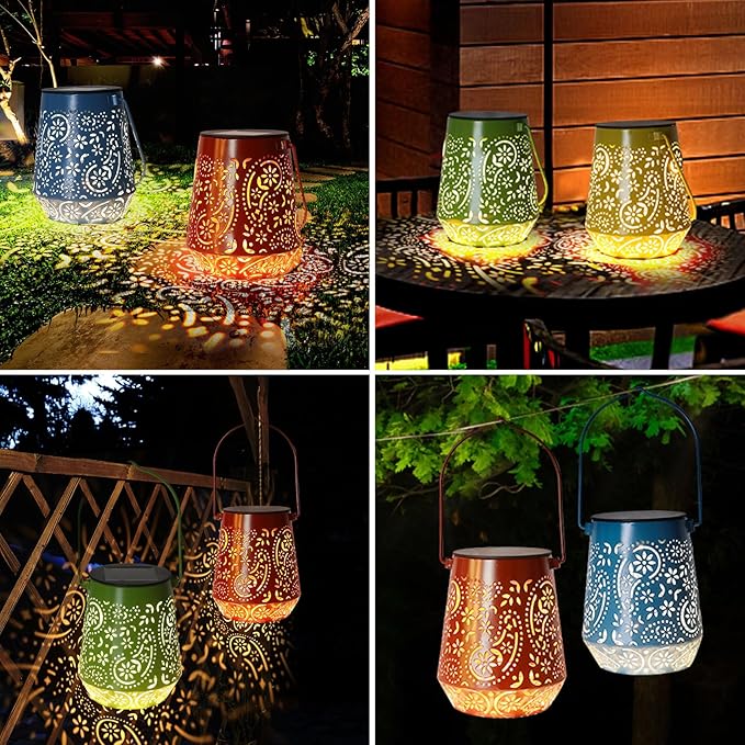 4 Pack Hanging Solar Lantern Outdoor Waterproof Lights Garden Hanging Solar Lights for Outside Patio Colored LED Lanterns Decorative with Handle for Yard Porch Table Pathway Xmax Christmas Tree Lights