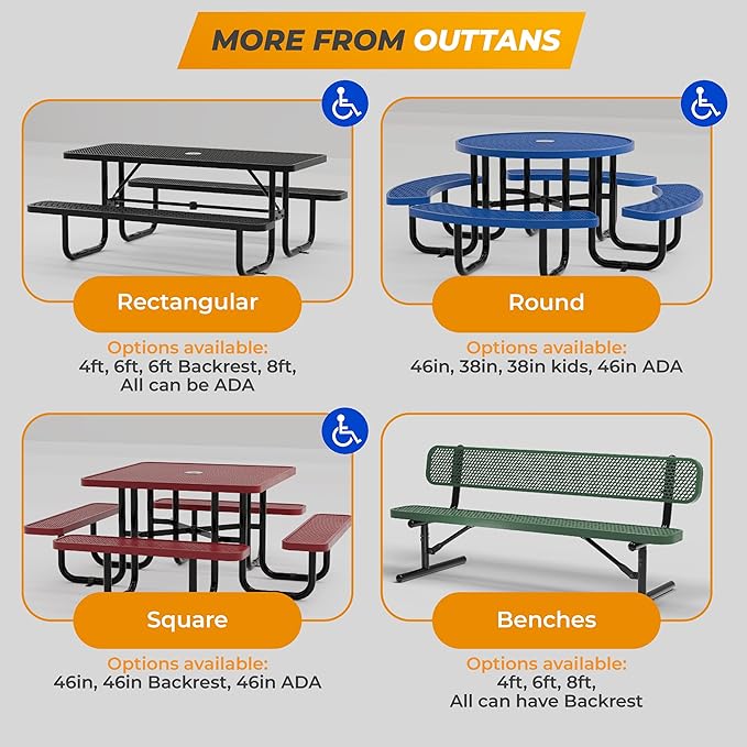 Metal Picnic Tables for Outdoors with Umbrella Hole - Coated Steel Heavy Duty Commercial Grade Table with Adjustable Seats (Green, 46 in, Square, Punched Steel)