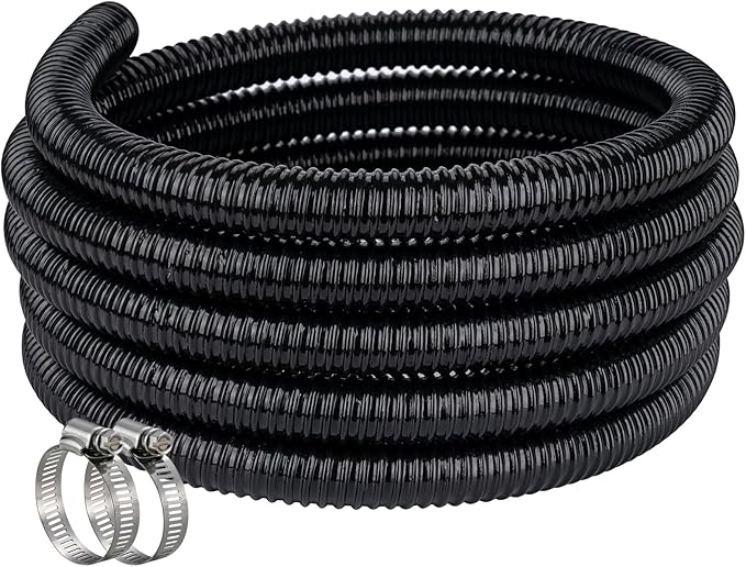 Black Vinyl Tubing ID 3/4” × 10ft Pond hose Corrugated Flexible Reinforced PVC Hose for Pond Pump Fountain Garden Waterfall, Non-toxic & Kinkproof, with 2 clamps