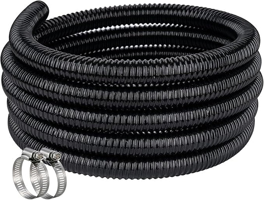 Black Vinyl Tubing ID 3/4” × 10ft Pond hose Corrugated Flexible Reinforced PVC Hose for Pond Pump Fountain Garden Waterfall, Non-toxic & Kinkproof, with 2 clamps