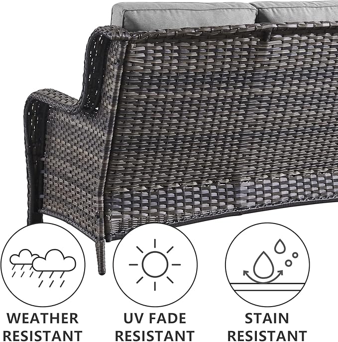 5 Piece Outdoor Patio Furniture Set - Wicker Furniture Patio Conversation Set, Outdoor Swivel Rocker Chairs with 3-Seater Sofa and 2 Ottomans for Small Space, Gray Cushion