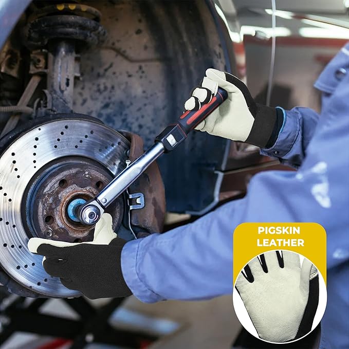 HLDD HANDLANDY Leather Work Gloves for Men & Women, Adjustable Wrist Cowhide Gardening Glove with Reinforced Palm for Driver