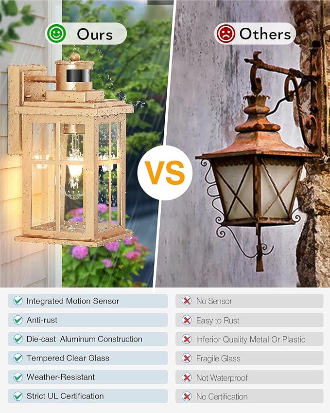 Gold Motion Sensor Outdoor Lights, Waterproof Exterior Lighting Fixtures, Aluminum Modern Outdoor Wall Lights Exterior, Transparent Glass Outdoor Porch Lights for House, Garden, Yard, E26 Base