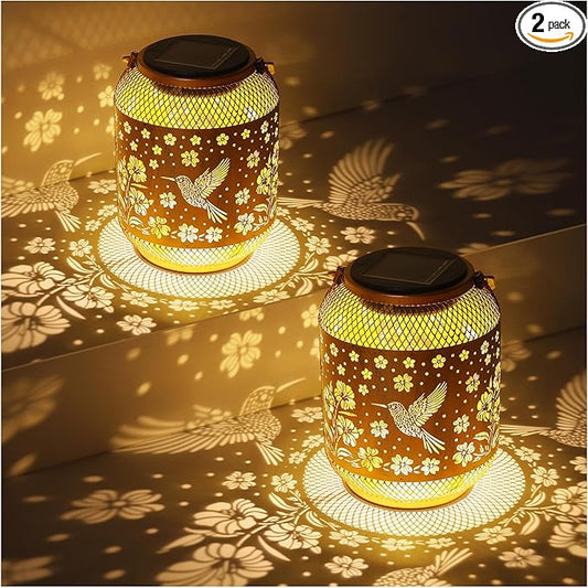 2 Pack Solar Lanterns Outdoor Waterproof Hummingbird Garden Decor Birthday Gifts for Women Mom Grandma Hanging Solar Lights Metal Decoration Outside for Yard, Patio, Backyard, Porch, Pathway