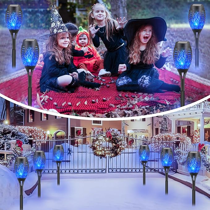 6-Pack Blue Solar Flickering Flame Torches – Waterproof Solar Garden Lights, Outdoor Solar Lights for Yards, and Flame Torches for Patio and Pathway Decorations