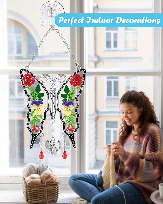 KY&BOSAM Butterfly Suncatcher Follow Your Dream Gifts for Mother Pressed Flower Between Wings Glass Hanging for Windows Charm Birthday Gifts for Women Mother's Day Valentine's Thanksgiving Christmas