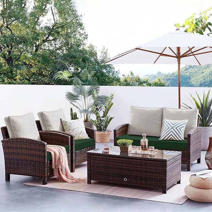 Favoyard Patio Chair Cushions 24 x 24 x 4 Inch Waterproof Outdoor Seat Cushions for Patio Furniture 3-Year Color Fastness Garden Sofa Couch Chair Pads with Handle & Adjustable Straps Set of 2, Green