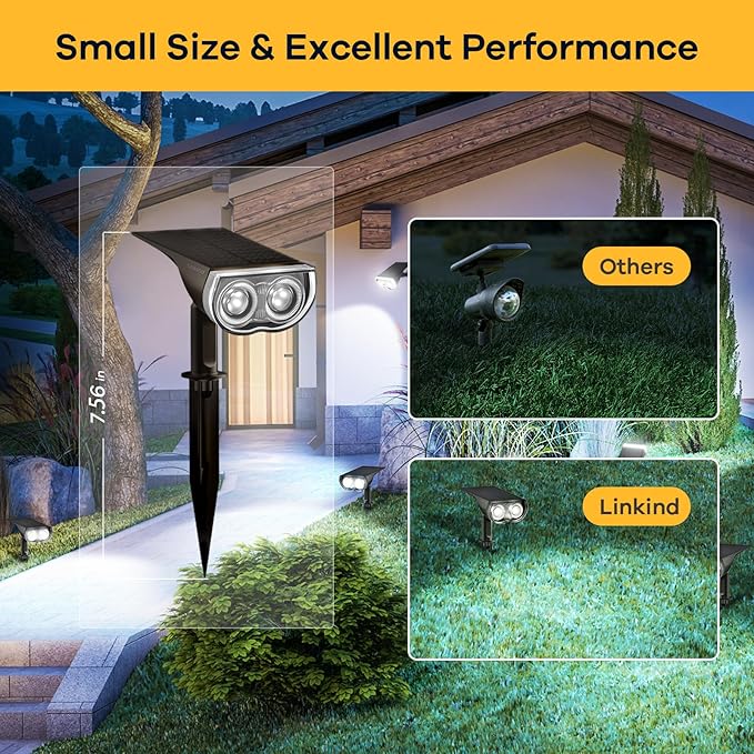 Linkind StarRayS 12 LEDs Landscape Solar Spotlights, Solar Powered Dusk-to-Dawn Outdoor Garden Lights, 350LM 3000K Warm White, IP67 Waterproof for Garden Yard Patio Driveway Porch, 2-Pack