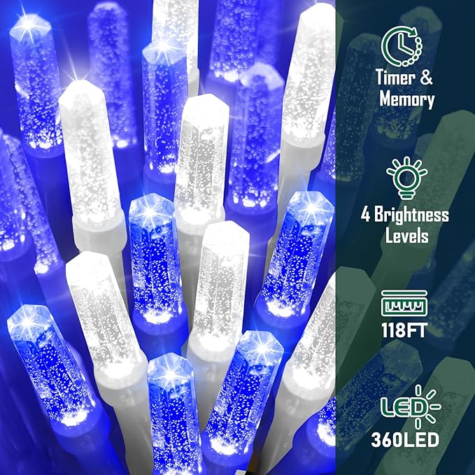 Heceltt 360 LED 118 FT String Lights Outdoor, 8 Modes Christmas Lights, IP44 Waterproof Christmas Tree Lights with Timer and Memory for Xmas Yard Party Home Garden Decorations (Blue and White)