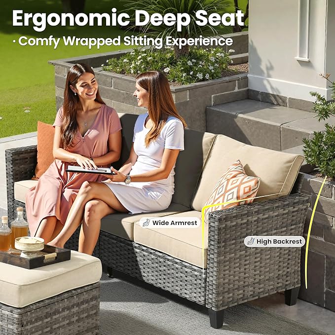 ovios 6 Pieces Patio Furniture Set with 30" Fire Pit Table, Outdoor Wicker Sofa with Comfy Cushions, All Weather High Back Rattan Couch Conversation Set, Beige