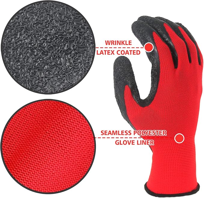 Evridwear Crinkle Latex Rubber Hand Coated Safety Work Gloves for Men Women General Multi Use Construction Warehouse Gardening Assembly Landscaping (XL-Size) Red 120 Pairs Pack