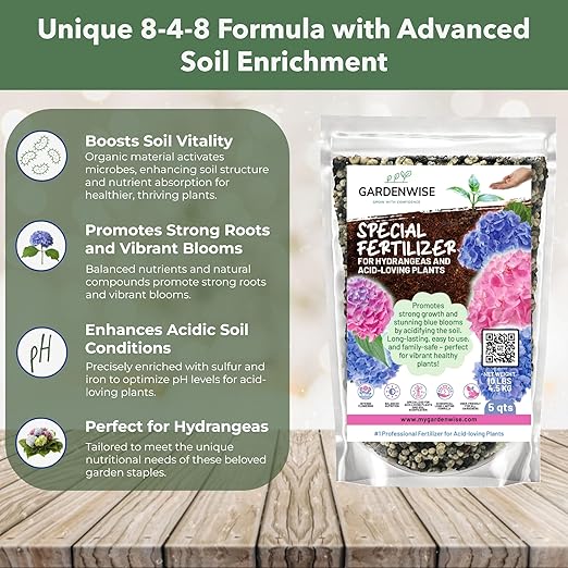 Slow Release Hydrangea Fertilizer with Iron & Sulfur – Indoor & Outdoor Soil Acidifier for Miracle Growth (5 qt)