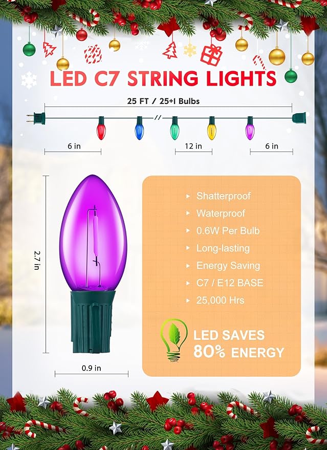Multicolor C7 LED Christmas String Lights, 25FT C7 Vintage Christmas Lights, Commercial Connectable Christmas Tree Lights for Xmas Holiday Roofline Garden Wedding Decor