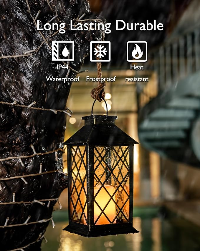 Homemory Solar Lanterns Outdoor Waterproof Hanging with Flickering Flameless Candles, 2 Pack Garden Outdoor Lantern Decorative for Patio Front Porch Backyard Balcony Cabin Outside (Bronze)