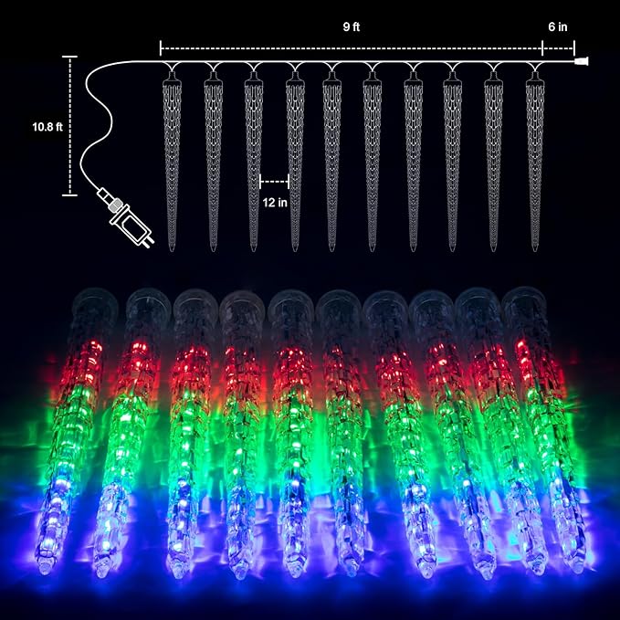 Icicle Lights Outdoor, 10 Ft Meteor Shower Lights with 10 Ice Shaped Tube, Snowfall Shooting Star Light Effect, Falling Crystal Christmas Decorations for House Eave Roofline Patio, Multicolor