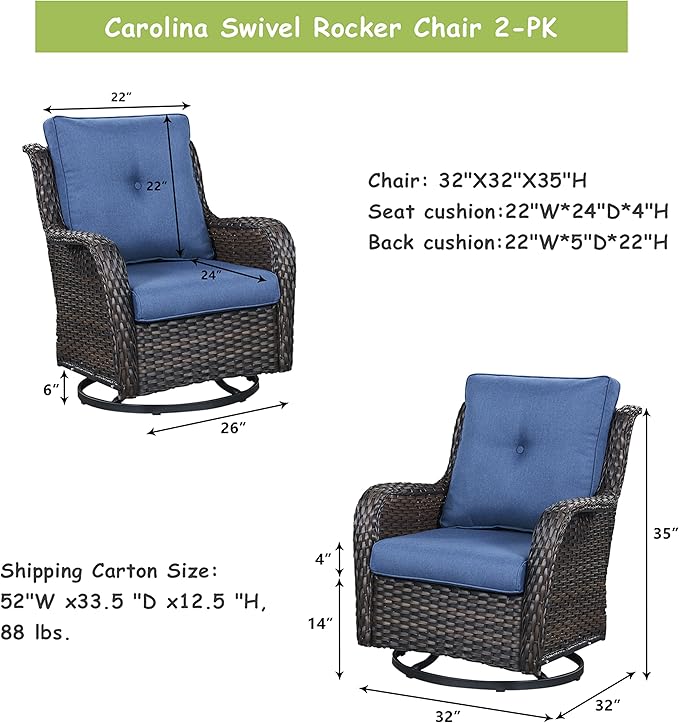 Outdoor Patio Swivel Rocker Chairs - Single Wicker Rattan Patio Swivel Rocking Chair with High Back,Deep Seating and Comfort Cushions for Deck Porch Garden,Brown/Blue