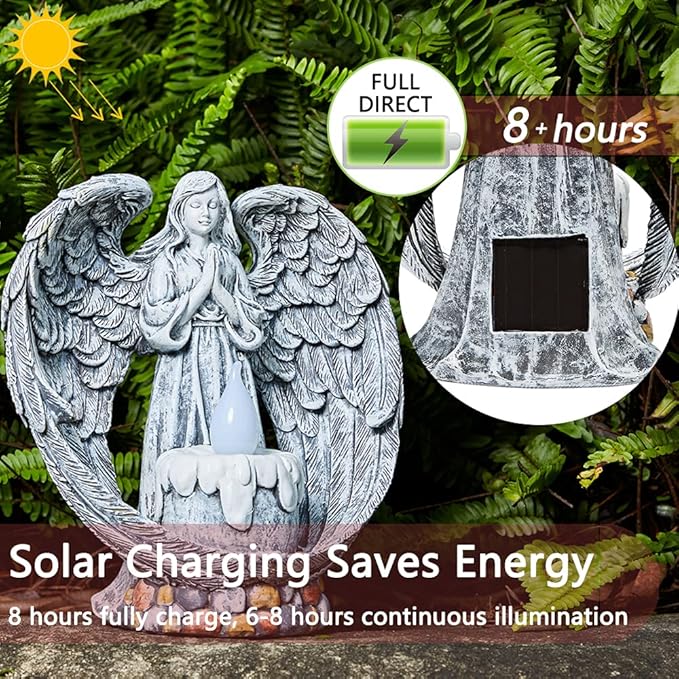 Angel Garden Statues Outdoor Cemetery Decorations for Grave Take The Cross Praying Wings Angel Figurine Cemetery Lights Patio Lawn Yard Porch Decorations 10.24 Inch