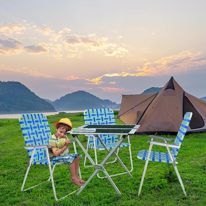 VINGLI Patio Lawn Webbed Folding Chairs Outdoor Beach Portable Camping Chair for Yard, Garden (4, Blue, Oversized)