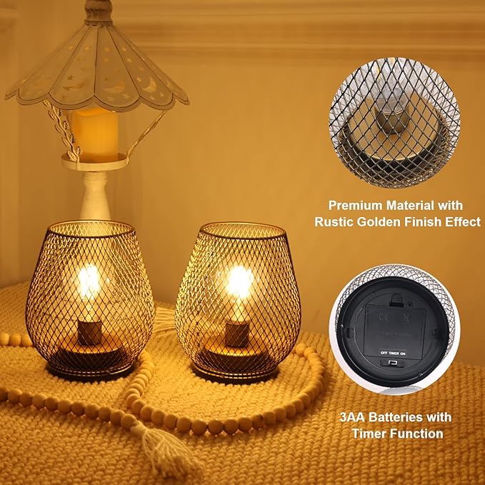 DECORKEY Set of 6 Battery Operated Lamp LED Table Lantern, Golden Metal Cage Cordless Lamps with LED Bulb, Vintage Decorative Outdoor Lantern for Weddings, Party, Patio, Events for Indoors Shelf Decor