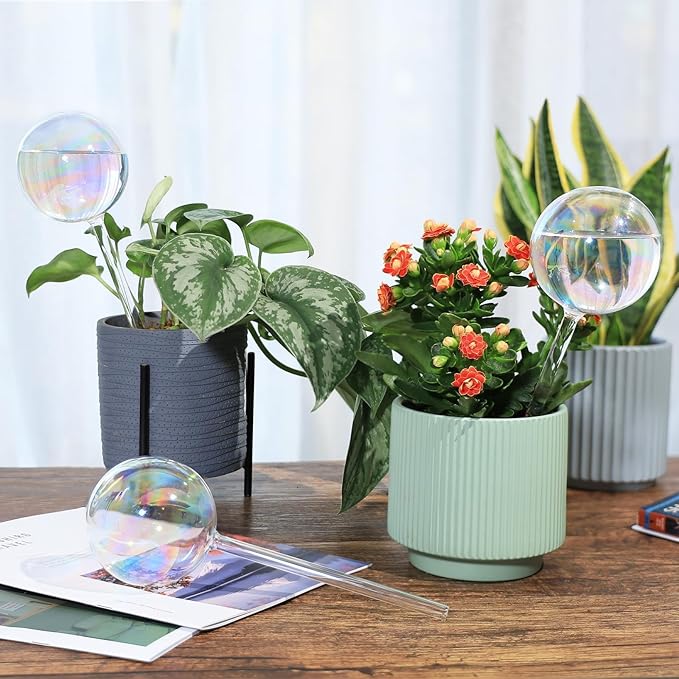6.4 oz Medium Plant Self Watering Globes, Light Iridescent Glass Water Bulbs for Indoor Plants, Vacation Watering System, Self-Watering Stakes, Automatic Plant Waterer, 4 Pack