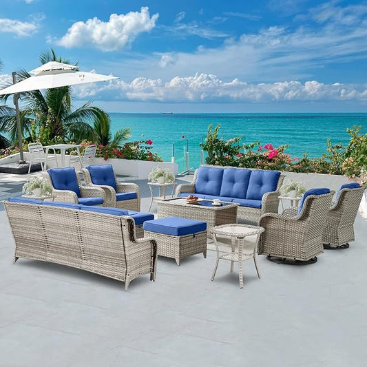 Wicker Patio Furniture Sets - 13 Piece Outdoor Rattan Furniture Conversation Sets with 4 Swivel Rocker Chairs, 2 Rattan Sofas, Wicker Ottomans and Coffee Table, Light Grey/Blue