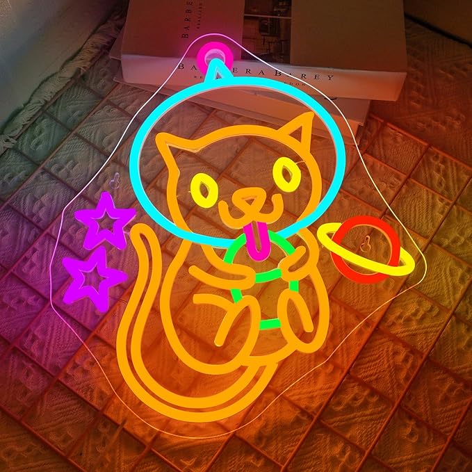 Astronaut Boba Tea Cat Neon Sign Cat Neon Lights for Wall Decor Cute Kitty with Stars Asteroids Anime Led Light Sign for Kids Bedroom Dimsum Store Cofes Bar Milk Tea Shop